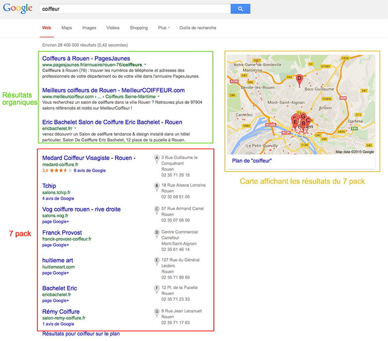 Pack de 7 résultats Google épinglés sur une carte suite à la recherche locale d'un coiffeur.
