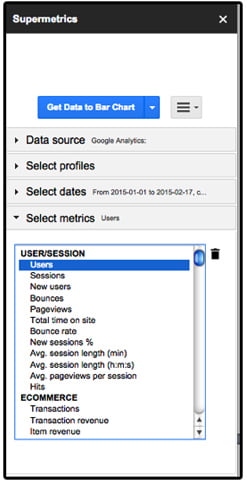 "Select metrics" permet de sélectionner vos données Analytics