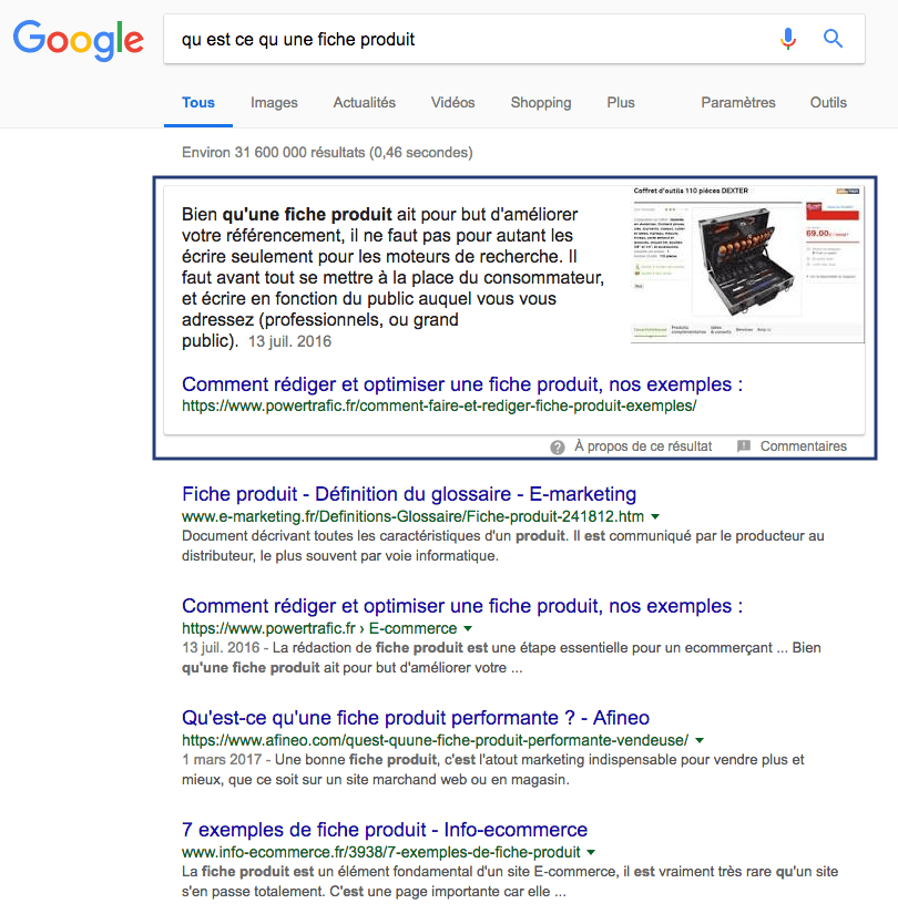 Exemple d'une position zéro dans les résultats de recherches Google
