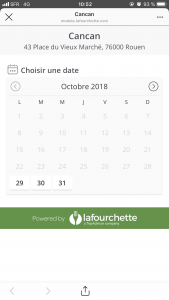Interface de la page de réservation La Fourchette en passant par Instagram