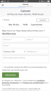 Interface de la page de réservation La Fourchette en passant par Instagram