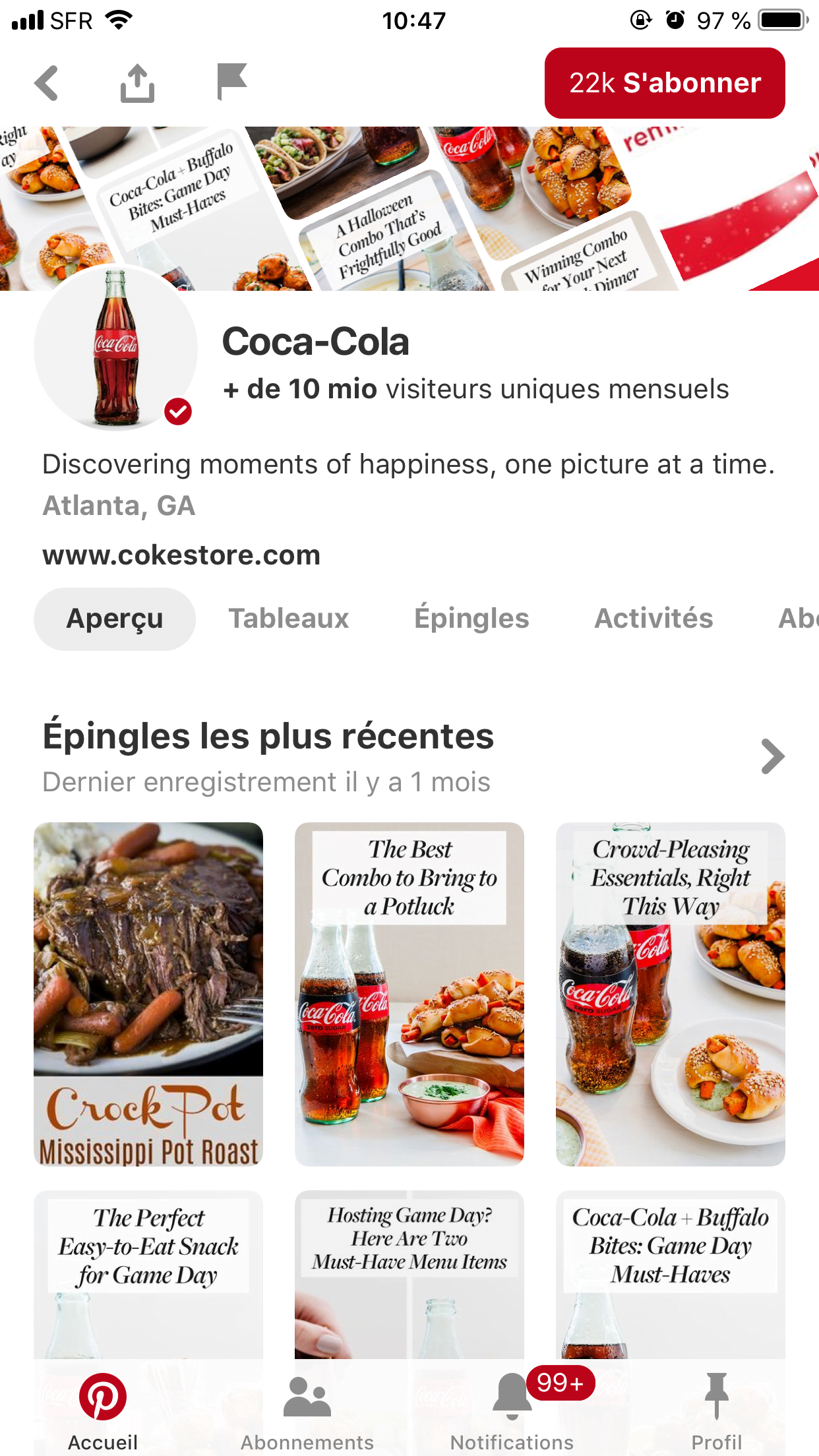 Interface du compte officiel Pinterest de Coca-Cola