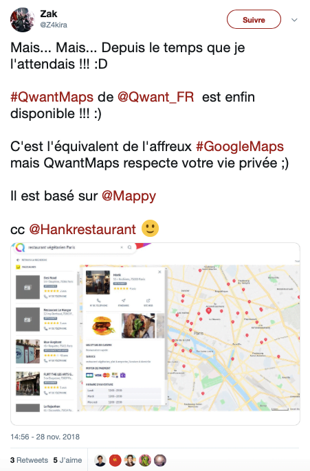 Capture d'écran Tweet sur l'arrivé de la version alpha de Qwant Maps