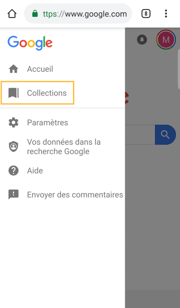 Accéder aux collections des « Cartes d’activité » depuis le menu Google sur mobile