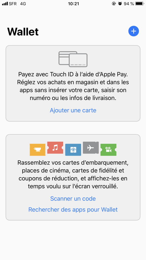 Interface de l'application Apple Wallet