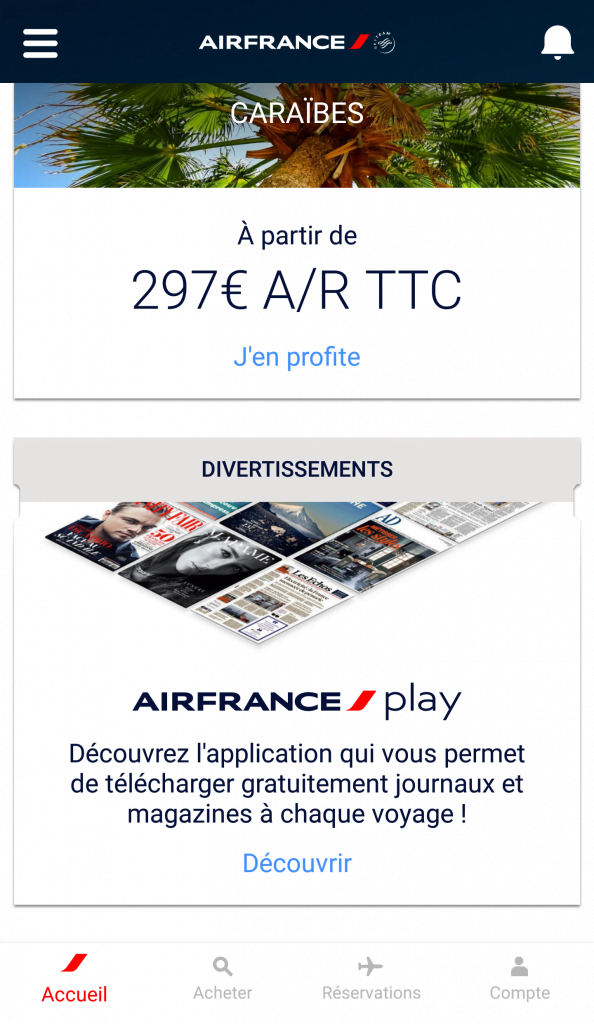 Page d'accueil de l'application Air France