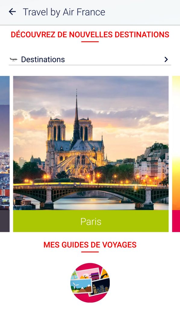 Page guide voyage de l'application Air France